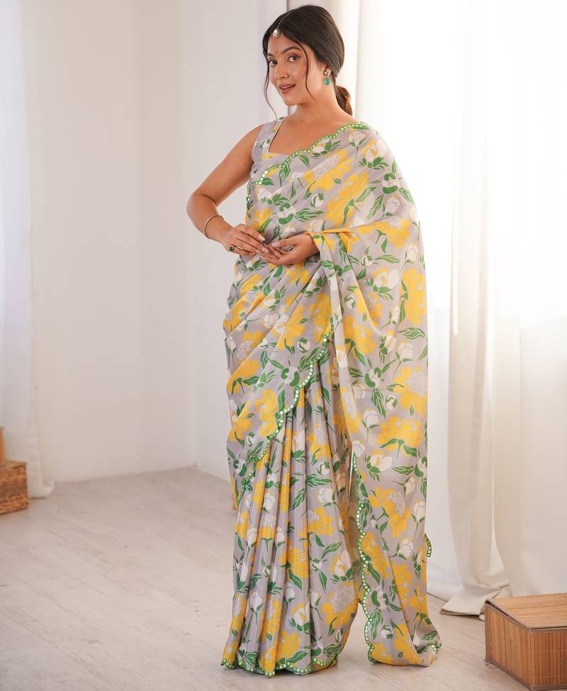 multicolor chinon digital print saree with blouse piece