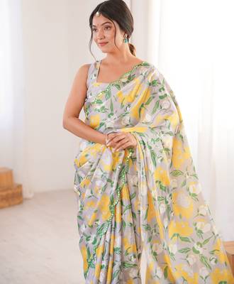 multicolor chinon digital print saree with blouse piece 4