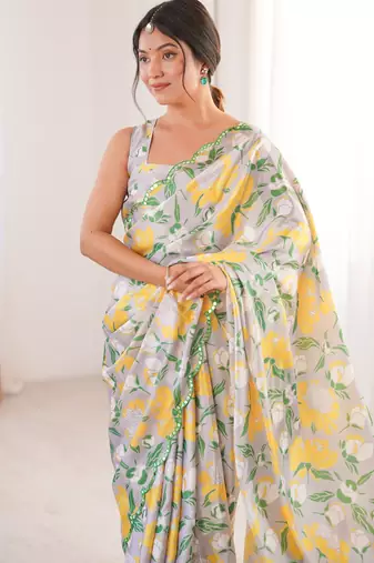 multicolor chinon digital print saree with blouse piece