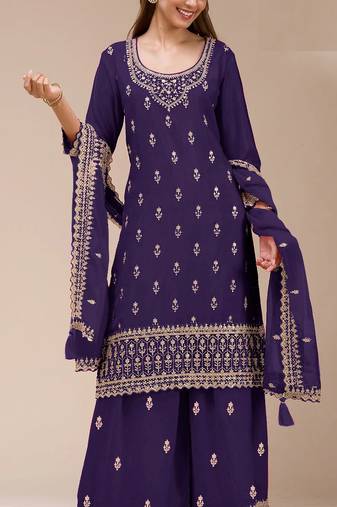 Purple color beautiful embroidered georgette fabric palazzo dress