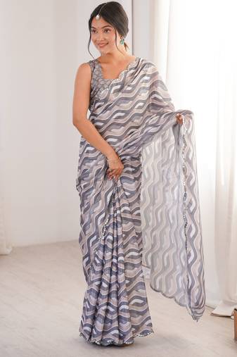 women's grey digital printed chinon saree with blouse