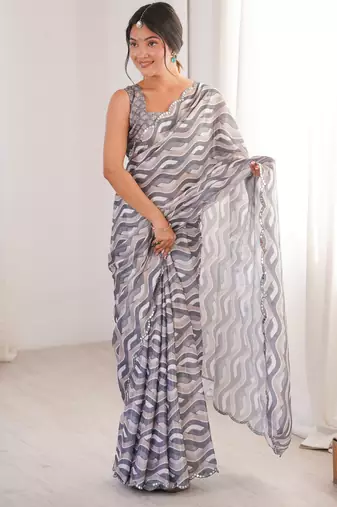 women's grey digital printed chinon saree with blouse