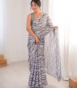 women's grey digital printed chinon saree with blouse
