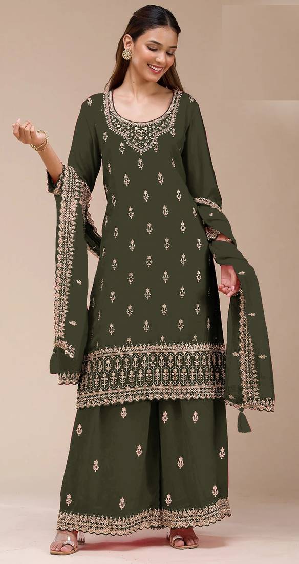 Green color beautiful embroidered georgette fabric palazzo dress