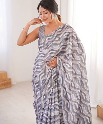 women's grey digital printed chinon saree with blouse 4