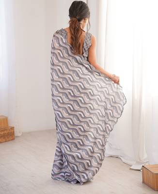 women's grey digital printed chinon saree with blouse 5