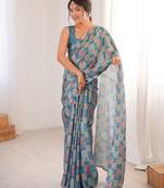 women   s teal digital printed chinon saree with blouse