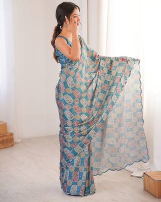 women   s teal digital printed chinon saree with blouse 2
