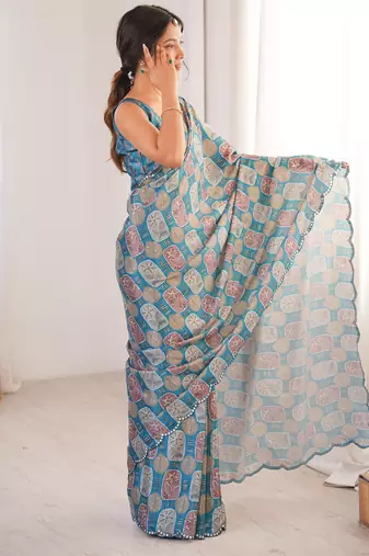 women   s teal digital printed chinon saree with blouse