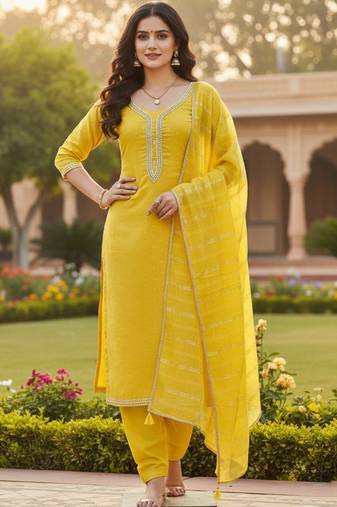 Mustard color chanderi butti fabric beautiful embroidered suit