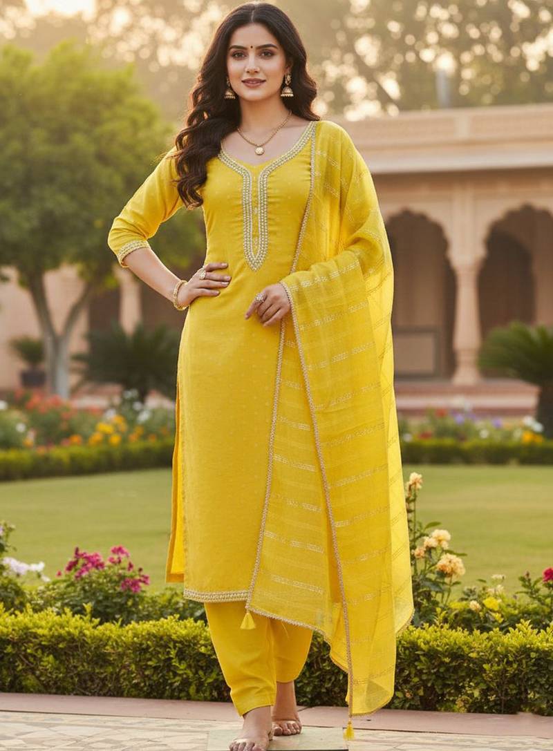 Mustard color chanderi butti fabric beautiful embroidered suit