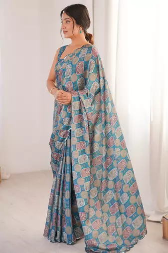 women   s teal digital printed chinon saree with blouse