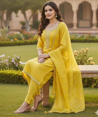 Mustard color chanderi butti fabric beautiful embroidered suit 2