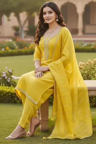 Mustard color chanderi butti fabric beautiful embroidered suit