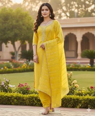 Mustard color chanderi butti fabric beautiful embroidered suit 3