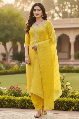 Mustard color chanderi butti fabric beautiful embroidered suit