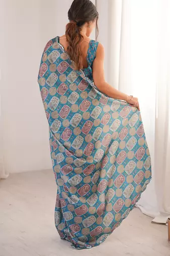 women   s teal digital printed chinon saree with blouse