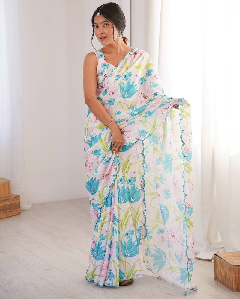 multicolor chinon floral digital printed saree with blouse