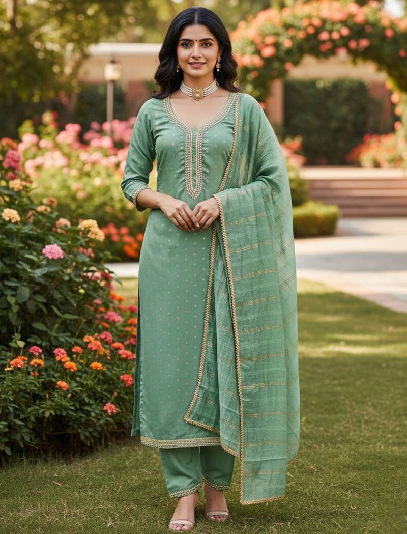 Green color chanderi butti fabric beautiful embroidered suit