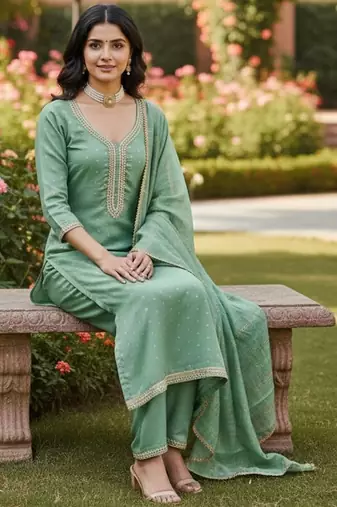 Green color chanderi butti fabric beautiful embroidered suit