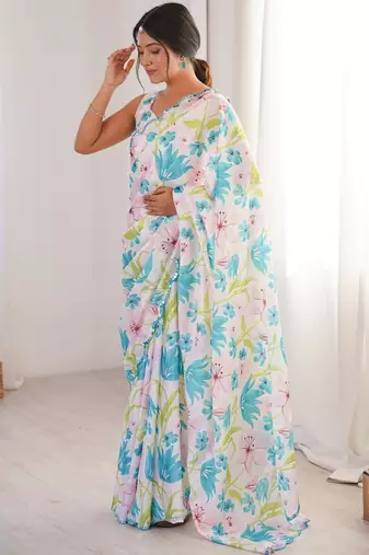 multicolor chinon floral digital printed saree with blouse