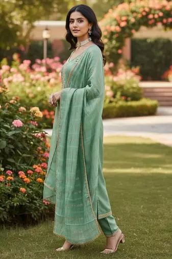 Green color chanderi butti fabric beautiful embroidered suit