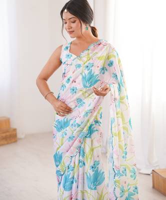 multicolor chinon floral digital printed saree with blouse 4