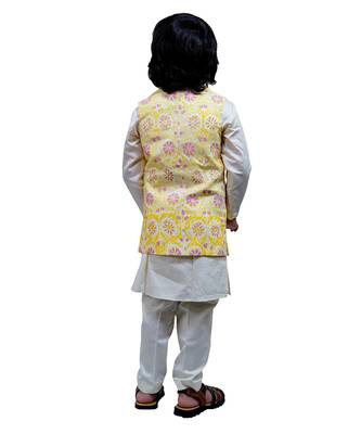 Yellow printed cotton nehru jacket set 2