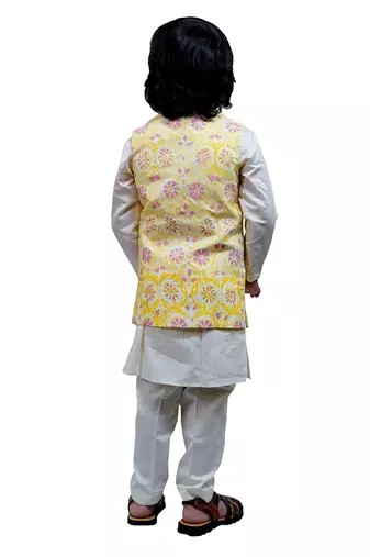 Yellow printed cotton nehru jacket set