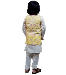 Yellow printed cotton nehru jacket set