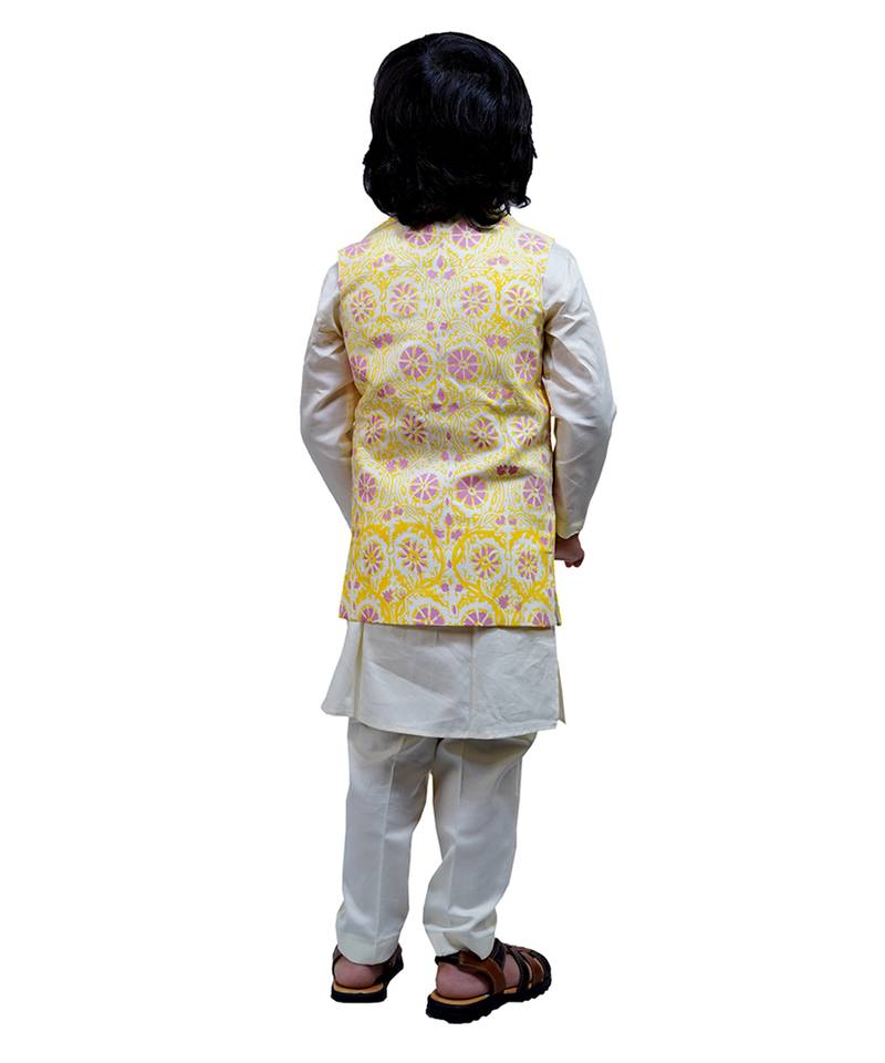 Yellow printed cotton nehru jacket set