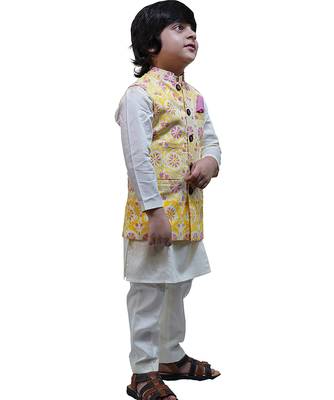 Yellow printed cotton nehru jacket set 3