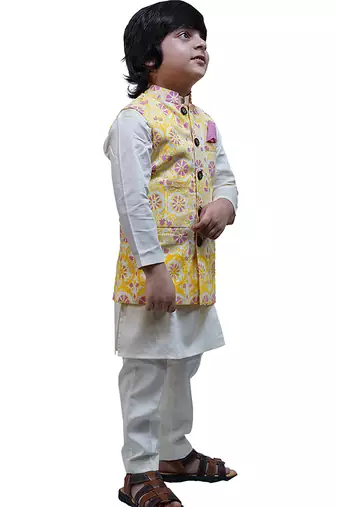 Yellow printed cotton nehru jacket set