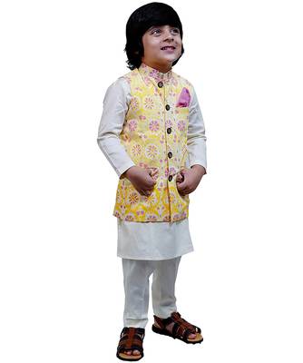 Yellow printed cotton nehru jacket set 1
