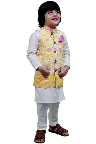 Yellow printed cotton nehru jacket set