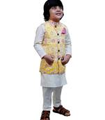 Yellow printed cotton nehru jacket set
