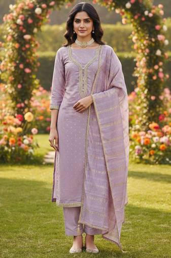 Purple color chanderi butti fabric beautiful embroidered suit