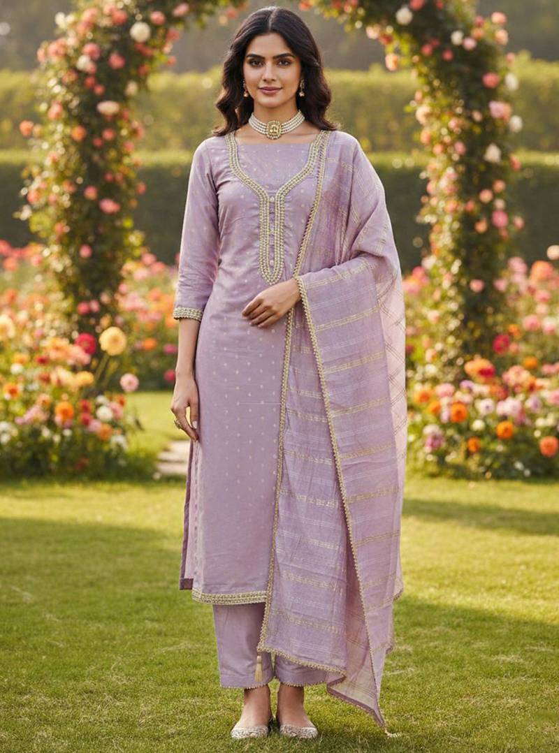 Purple color chanderi butti fabric beautiful embroidered suit
