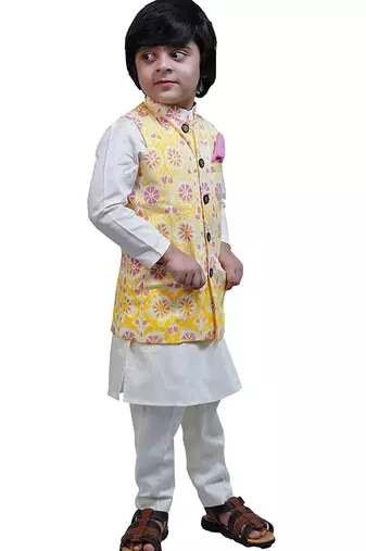 Yellow printed cotton nehru jacket set