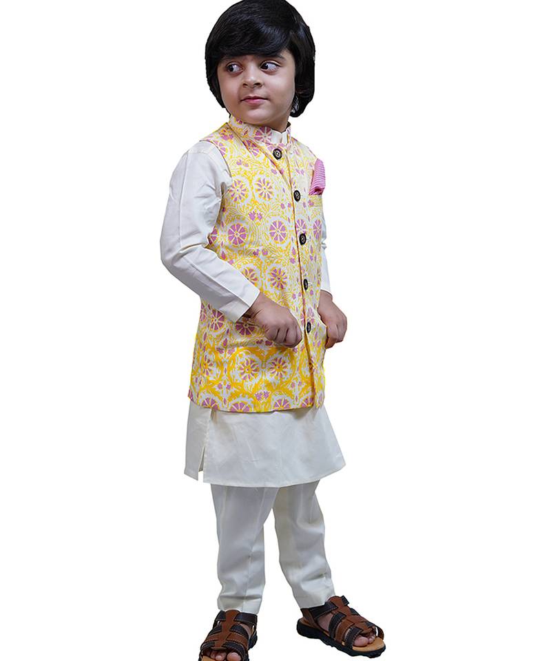 Yellow printed cotton nehru jacket set