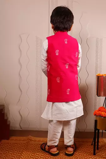 Pink printed cotton silk nehru jacket set