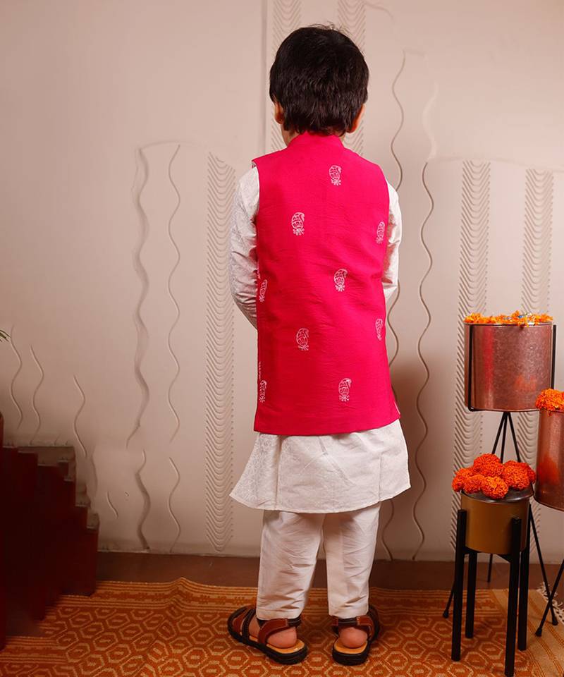Pink printed cotton silk nehru jacket set