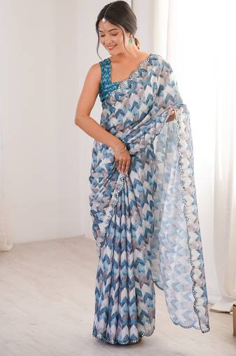 multicolor chinon designer saree with digital printed blouse