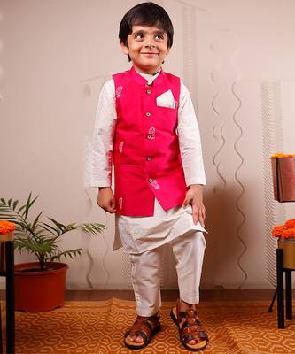 Pink printed cotton silk nehru jacket set 1