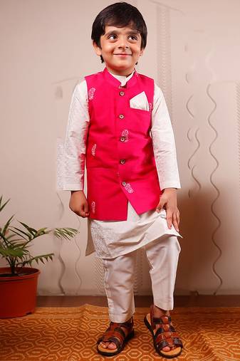 Pink printed cotton silk nehru jacket set