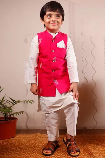 Pink printed cotton silk nehru jacket set