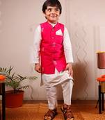 Pink printed cotton silk nehru jacket set