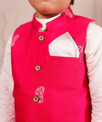 Pink printed cotton silk nehru jacket set 3