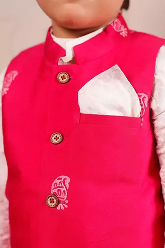 Pink printed cotton silk nehru jacket set