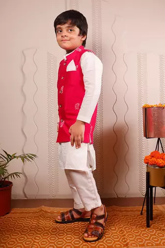 Pink printed cotton silk nehru jacket set